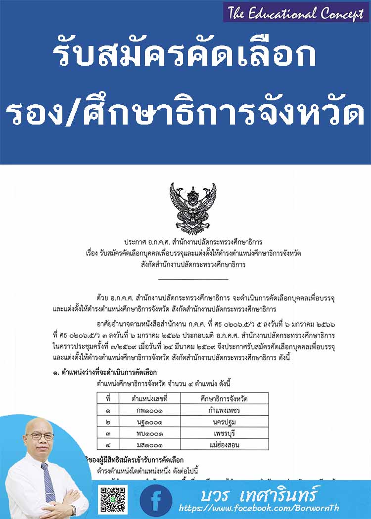 รับสมัครคัดเลือกรองศึกษาธิการจังหวัดและศึกษาธิการจังหวัด