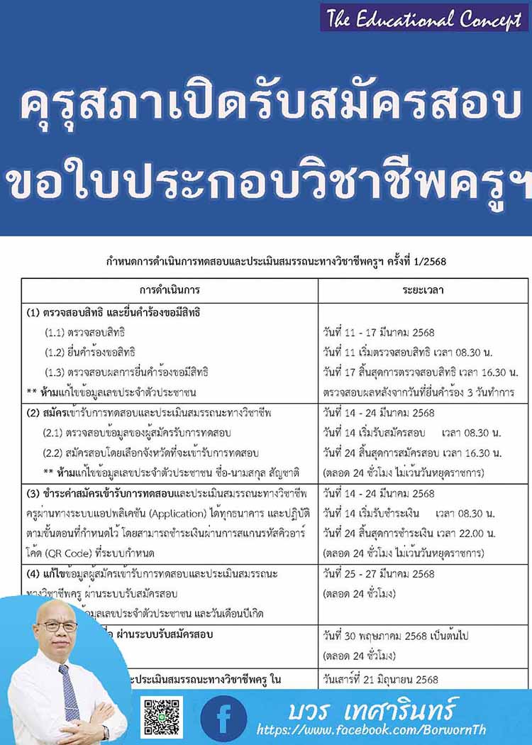 คุรุสภา รับสมัครสอบใบวิชาชีพครูฯ ครั้งที่ 1/2568 