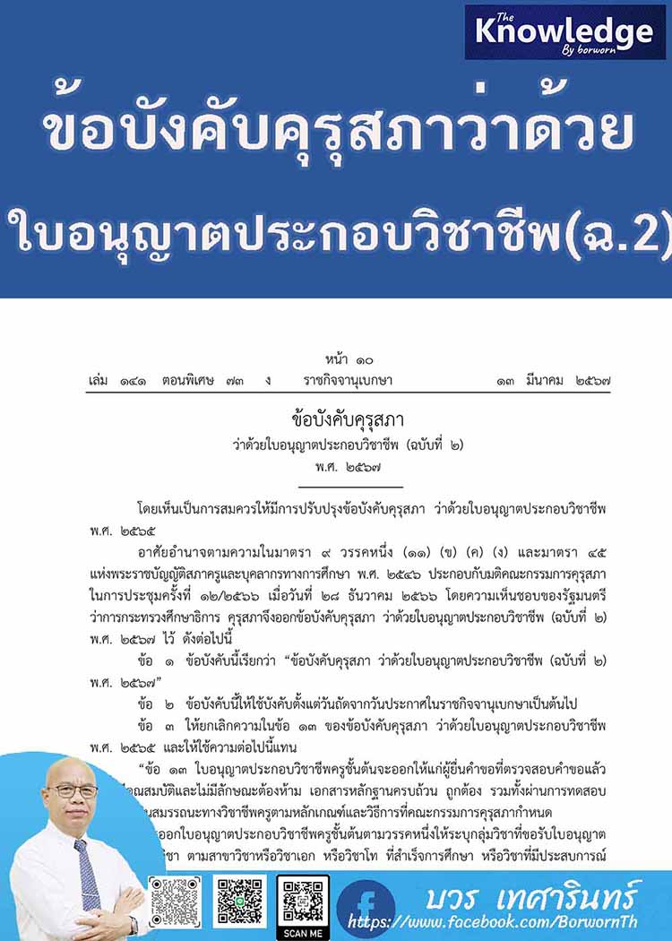 ข้อบังคับคุรุสภา ว่าด้วยใบอนุญาตประกอบวิชาชีพ (ฉบับที่ 2) พ.ศ. 2567 
