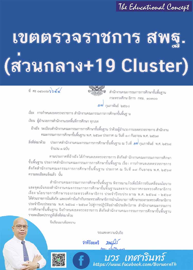สพฐ.ประกาศปรับปรุงแก้ไขเพิ่มเติมเขตตรวจราชการใหม่ (Cluster)