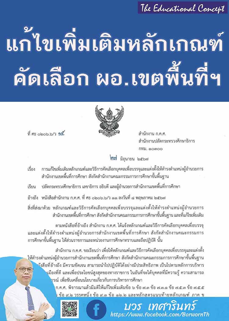 แก้ไขเพิ่มเติมหลักเกณฑ์การคัดเลือกผู้อำนวยการสำนักงานเขตพื้นที่การศึกษา