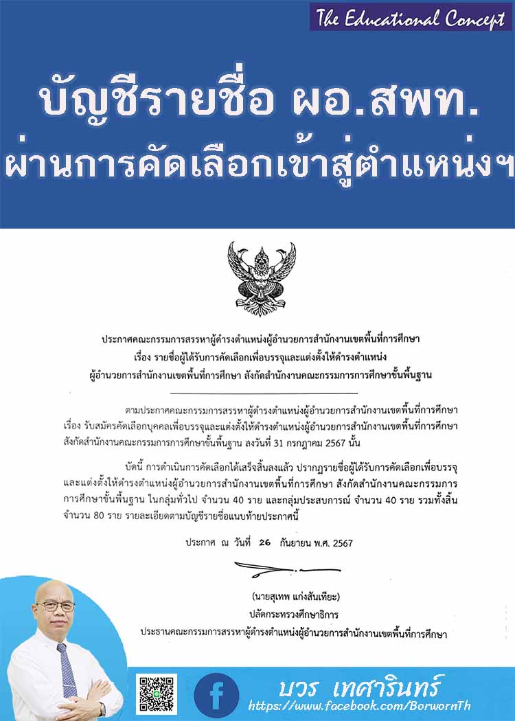 ผลการคัดเลือกผู้อำนวยการสำนักงานเขตพื้นที่การศึกษา