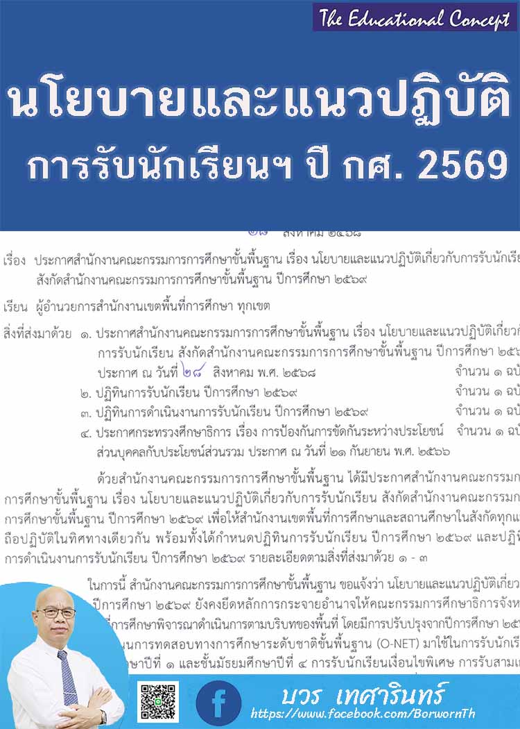 นโยบายและแนวปฏิบัติการรับนักเรียน สพฐ. ปีการศึกษา ๒๕๖๙ 