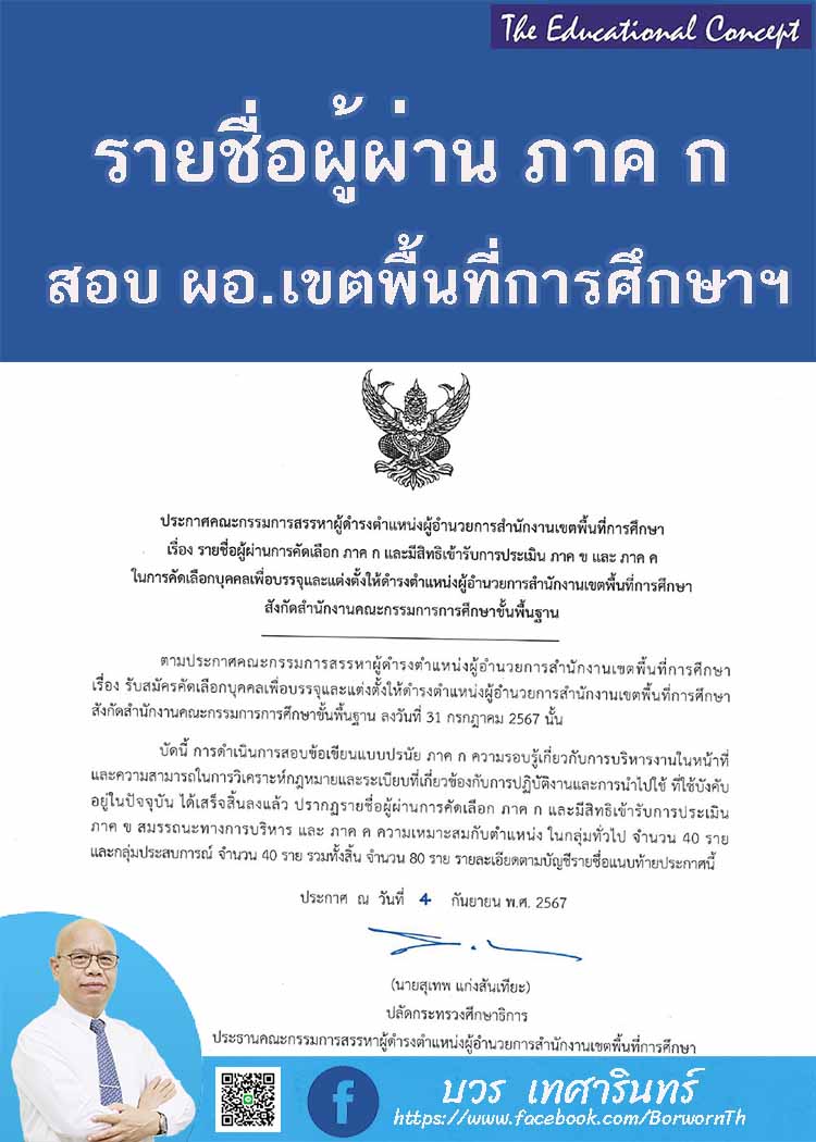 รายชื่อผู้ผ่านภาค ก ผู้อำนวยการสำนักงานเขตพื้นที่การศึกษา  