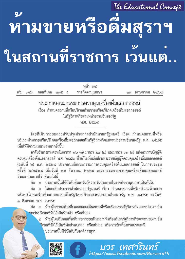 ราชกิจจานุเบกษาประกาศสถานที่ควบคุมเครื่องดื่มแอลกอฮอล์ 