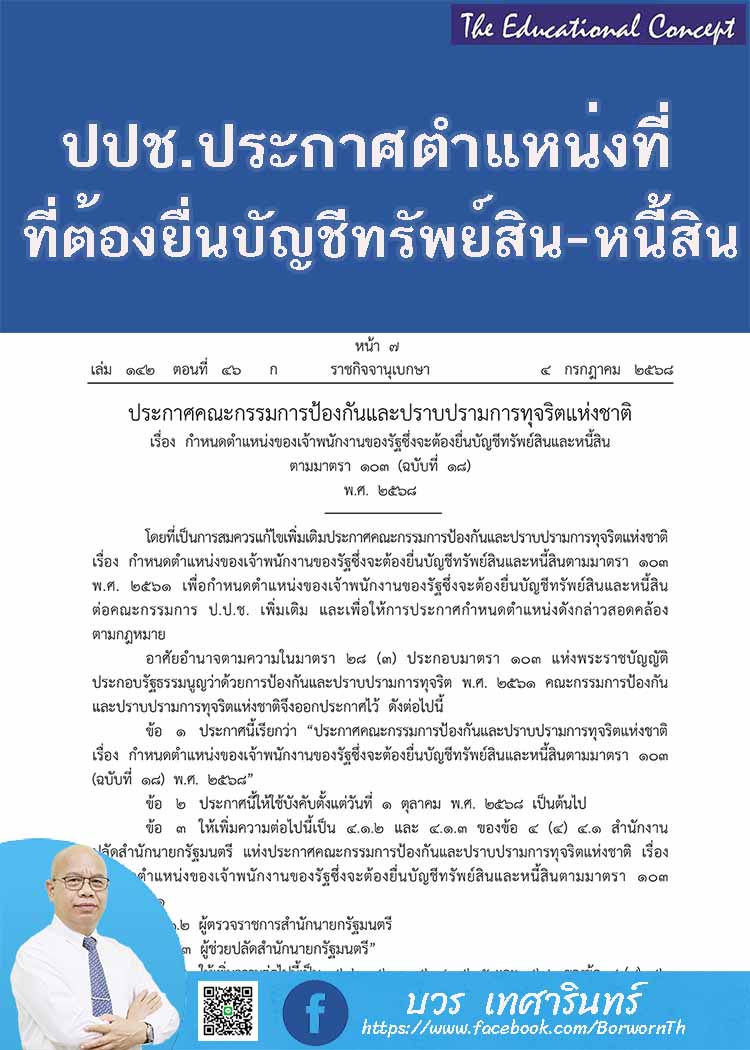 กำหนดตำแหน่งที่ต้องยื่นบัญชีทรัพย์สินหนี้สินต่อ ปปช.